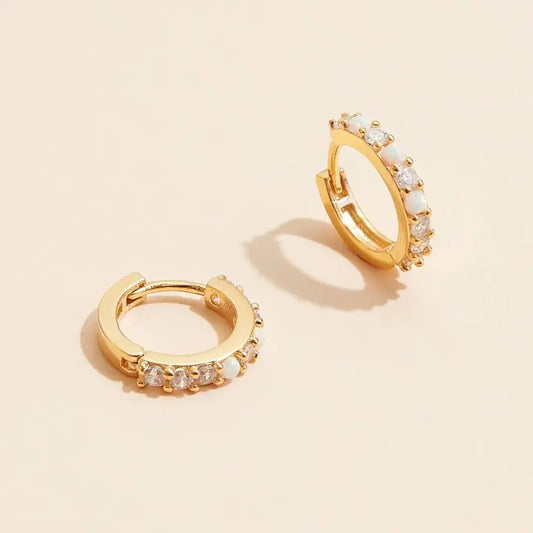 Gold 18kt Plated Opal and Rhinestone Huggie Earrings